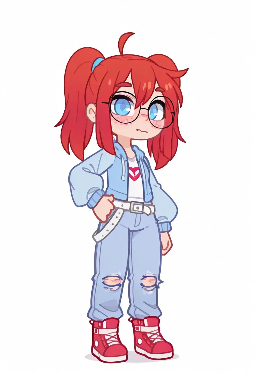 1 girl , solo , GachaMiky rou, Mikycka, girl, red hair, two ponytails, freckles, ahoge, glasses, blue eyes, jewelry, light blue jacket, light blue pants, torn pants, white belt, red sneakers , blushing , looking at viewer, hand on hip ,
masterpiece ,best quality ,amazing quality, Flatline, Flat vector illustration, rapscallionstyle ,huffslove ,S4bit4mago_illu ,