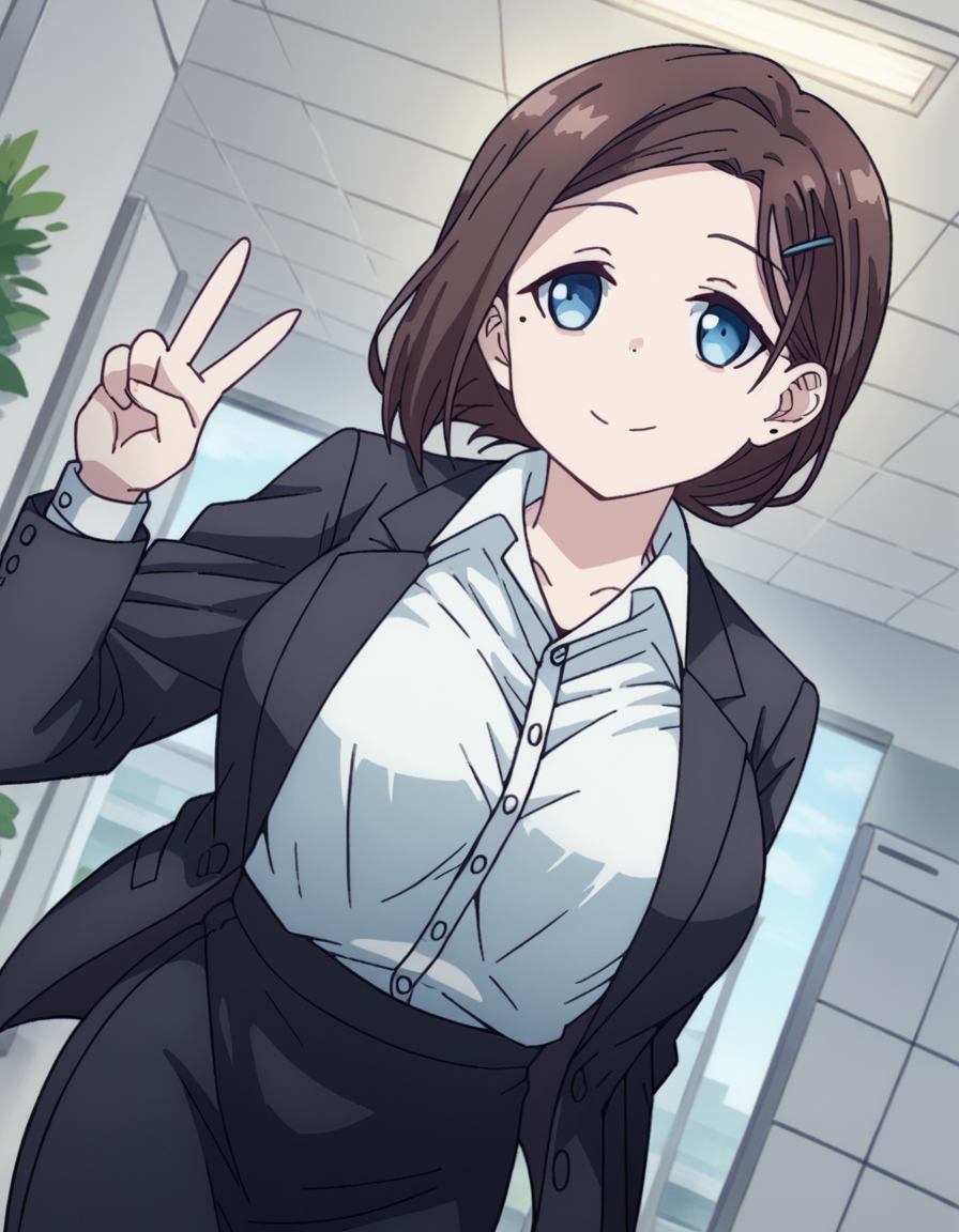 score_9, score_8_up, score_7_up, source_anime, <lora:tawawa-kouhai-s1-ponyxl-lora-nochekaiser:1>, kouhai, short hair, blue eyes, brown hair, hair ornament, hairclip, mole, mole under eye, large breasts,, skirt, shirt, jacket, white shirt, collared shirt, black skirt, black jacket, dress shirt, formal, suit, pencil skirt, office lady,, suburban neighborhood, morning jog, earphones, running shoes, fresh air, sunrise, , looking at viewer, v, smile, solo,, cowboy shot, dutch angle