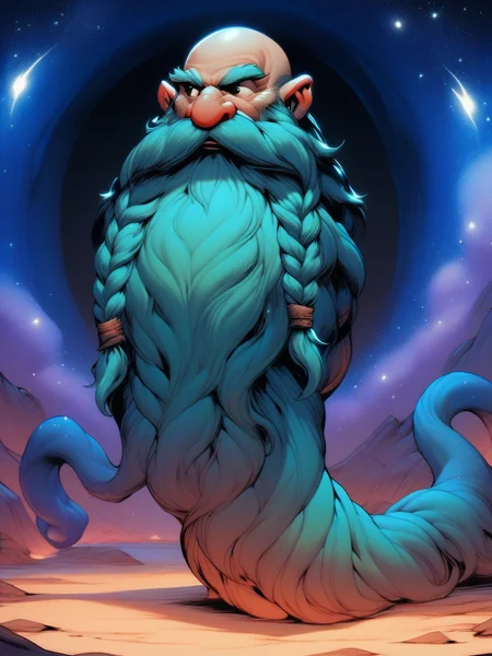 Alien-themed , score_9, score_8_up, score_7_up, score_6_up, score_5_up, score_4_up, <lora:Harry_Dwarf_Pony_XL:1>,
Harry_Dwarf, bald, bangles, with long Teal beard and braided moustache, exciting, dynamic . Extraterrestrial, cosmic, otherworldly, mysterious, sci-fi, highly detailed