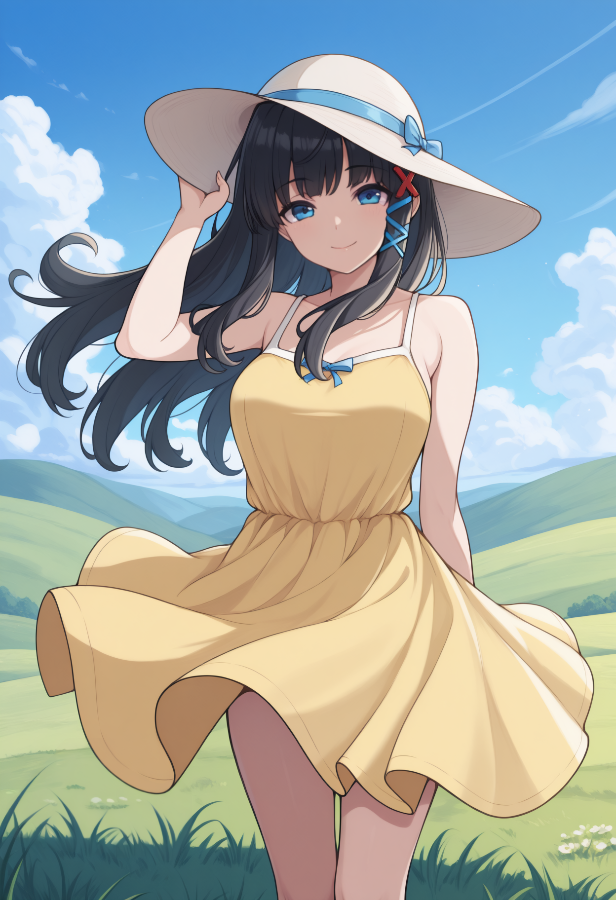 masterpiece, best quality, solo, 1girl, smile, looking at viewer, standing, hand on headwear, long hair, black hair, floating hair, x hair ornament, tress ribbon, blue eyes, yellow sundress, bare shoulders, outdoors, blue sky, cloud, grass, hill, scenery, wind lift
<segment:yolo-Anzhc Face seg 640 v2 y8n.pt,0.4,0.5//cid=1>