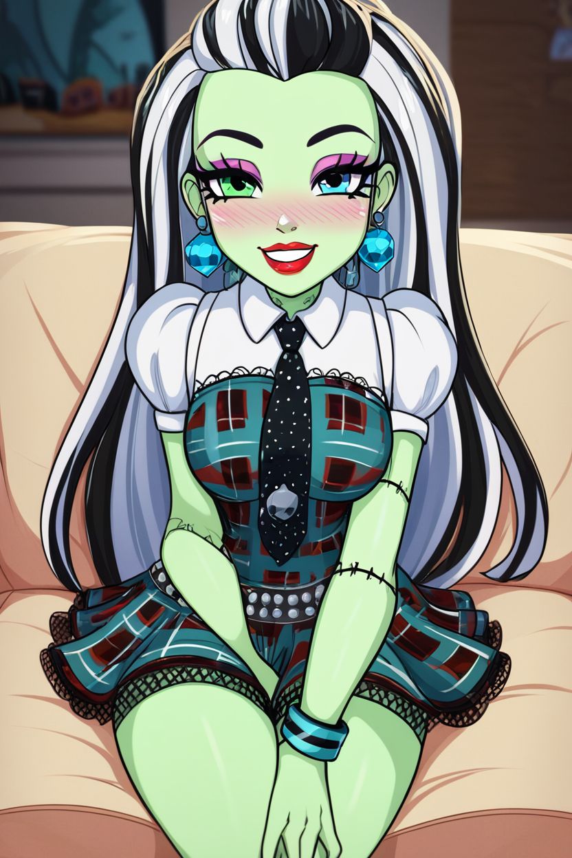 score_9, score_8_up, score_8, medium breasts, (curvy), cute, eyelashes,      ,,, , zzFrankie, heterochromia, blue eyes, green eyes, multicolored hair, aqua skin, streaked hair, black hair, white hair, long hair,  stitches,  jewelry, earrings, makeup, lipstick, plaid dress, skirt, bracelet, <lora:Frankie_MH_PDXL:1.0>, , ,,, hand between legs, blush, smug,  ,,,  smile, looking at viewer, blush, blurry, couch, sitting,   ,,, <lora:Afrobull_PDXL_v5:0.8>, ,  ,,, BREAK,   smile, looking at viewer, cowboy shot,   embedding:zPDXL, Expressiveh, <lora:SDXLFaeTastic2400:0.5>,  <lora:Expressive_H-000001:0.4>,