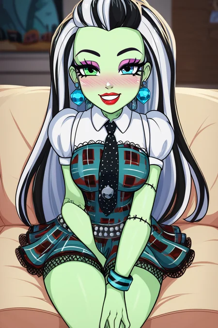 score_9, score_8_up, score_8, medium breasts, (curvy), cute, eyelashes, ,,, , zzFrankie, heterochromia, blue eyes, green eyes, multicolored hair, aqua skin, streaked hair, black hair, white hair, long hair, stitches, jewelry, earrings, makeup, lipstick, plaid dress, skirt, bracelet, <lora:Frankie_MH_PDXL:1.0>, , ,,, hand between legs, blush, smug, ,,, smile, looking at viewer, blush, blurry, couch, sitting, ,,, <lora:Afrobull_PDXL_v5:0.8>, , ,,, BREAK, smile, looking at viewer, cowboy shot, embedding:zPDXL, Expressiveh, <lora:SDXLFaeTastic2400:0.5>, <lora:Expressive_H-000001:0.4>,