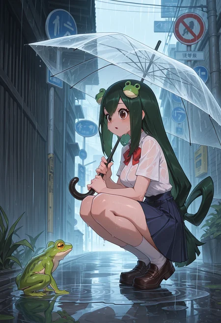 <lora:reaganlong:1>, reagan long style,masterpiece, highres, absurdres,amazing quality, best quality, detailed background, 8k, 1girl, tsuyu, asui,breasts,squatting, wide shot,frog,frog hair ornament,green hair,hair ornament,holding,holding umbrella,long hair,open mouth,outdoors,pleated skirt,puddle,rain,road sign,school uniform,shirt,short sleeves,sign,skirt,snake hair ornament,socks,solo,transparent,transparent umbrella,umbrella,very long hair,white shirt,white socks