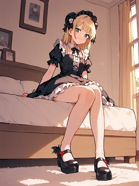 score_8_up, score_7_up, score_6_up, source_anime, 1girl, solo, bedroom, sitting on bed, from below, shoe focus
smile, blonde hair
batshoes, black footwear
black dress, gothic, frilly dress
<lora:Bat_Shoes:1>