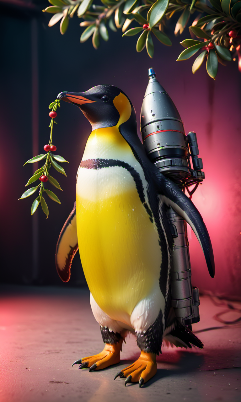 full body portrait in the color scheme of (neon yellow:1.4) (neon reddish_yellow:1.1) (neon pink:0.2) of a (PENGUIN:1.1) with (Mistletoe in hair:1.5) (call of duty military gear outfit:1.3), grand photograph, Polaroid, canon 5d mark 4, (yellow neon light background:1.2), kodak ektar, elaborate detail <lora:realistic_film_photography:0.75> realistic film photography   <lora:mistletoe_mercenaries:0.6> mistletoe mercenaries <lora:add-detail-xl:0.7>, subsurface scattering, ultra hd, 4k, high def, Photorealistic, Hyperrealistic, Hyper detailed, analog style, realistic, masterpiece, best quality, ultra realistic, 8k, Intricate, High Detail, film photography, soft lighting,  heavy shadow