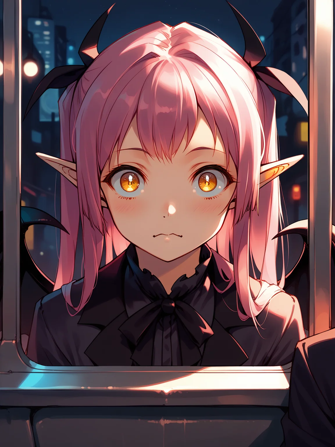 (solo focus, upper body:1.2) <lora:happy_tentacle-succubus-v0.2-000043:0.9>, ht_succubus, white pupils, demon wings, demon tail, hair ribbon, pink hair, (petite:1.2), ( :1.1) ( , (wide-eyed :1.2) , ( :1.2) , , (looking at viewer:0.6) :1.1) , indoors, ((night, night sky :0.6), :0.8), (open window :0.9), (furniture:0.9), , , , people , (science fiction :0.8), train interior, alley, formal ( :0.8) score_9, score_8_up, score_7_up, score_6_up, score_5_up, score_4_up, ( [(realistic, photorealistic:1.3):(realistic:1.3):18] [(3d:1.2)::16] :1) <lora:LUUNA's Lunas-NijiJourney-SDXL-B2:0.35>, nijijourney <lora:prgfrg23's Counterfeit-V3.0 Style SDXL_LoRA_Pony Diffusion V6 XL:0.5> <lora:mfcg's mfcgXL:0.12> <lora:reweik's gyokai(himehajime)_PonyXL_style_v01:0.14>
