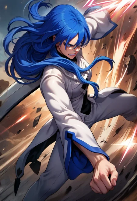 Pridya, blue eyes, blue hair, long hair, low tie ponytail, saint uniform, fighting stance, girl attacking the viewer, incoming attack:1.8, attack, clenched teeth, 1girl, solo, high quality, score_9, score_8, score_7, score_8_up, score_7_up, score_6_up