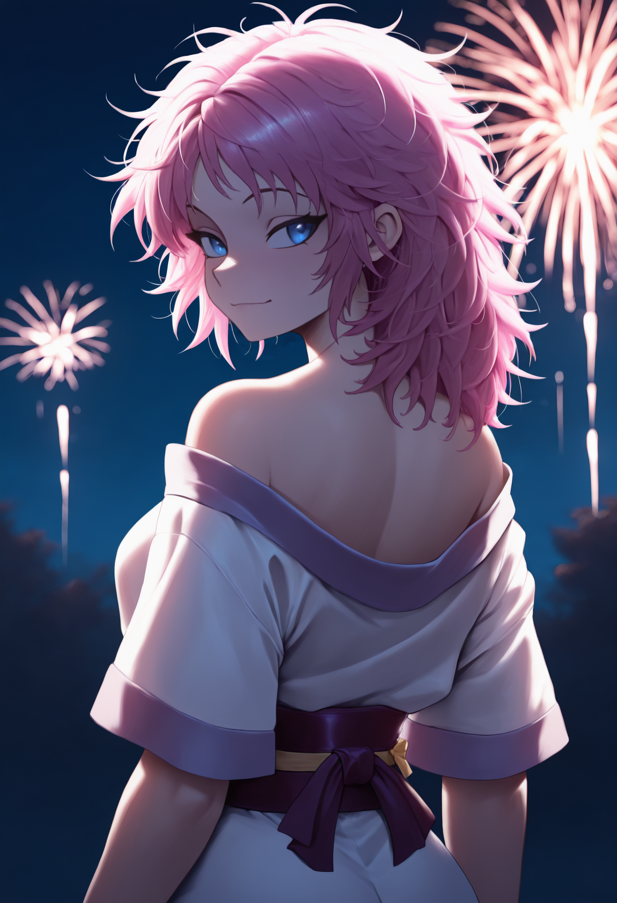masterpiece, best quality, newest, anime, from behind, solo, 1girl, komac1ne, slight smile, looking back, pink hair, hair down, messy hair, blue eyes, japanese clothes, short kimono, white kimono, off shoulder, kimono pull, purple sash, obi, short sleeves, outdoors, night, fireworks
<segment:yolo-Anzhc Face seg 640 v2 y8n.pt,0.4,1//cid=1>