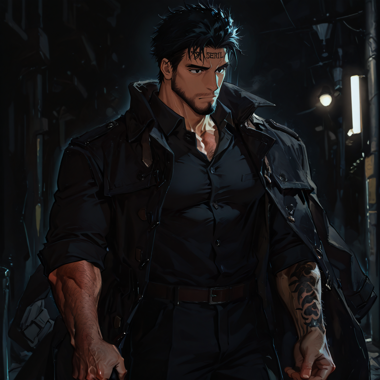 <lora:Sol__Alchemist_Code-000005:.75>, tagatamesol, sol_black hair, sol_black eyes, 1boy, short hair, solo, male focus, manly, bara, mature male, muscle body, tattoo on forehead, coat, collared shirt, pants, shoes,
{upper body|cowboy shot}, 
(very short hair), male focus, muscular male, large pectorals, muscular male, bara, mature, (hairy body, hairy, body hair, arm hair, leg hair, hairy body, glossy skin, bara, mature, facial hair, beard, full beard, sideburn, mustache, stubble), facial hair, bara, mature, body hair, aixiwuganda_(20222192), very awa, masterpiece, best quality, absurdres, newest, perfect quality, detailed background, intricate details,<lora:slider_Body Type_alpha1.0_rank4_noxattn_last:2><lora:Anime Summer Days 2 Style SDXL_LoRA_Pony Diffusion V6 XL:.6><lora:merged:.7>, DARK, DARK BACKGROUND, LOW-KEY LIGHTING <lora:slider_cfg_scale_boost:.7><lora:Artist6p:.55>, Artist6p, Artist04p,<lora:slider_il_brightness_slider_d1:-.5><lora:slider_il_contrast_slider_d1:-.25>,<lora:slider_contract_controller_illus01_v1:.3>, <lora:addon_illustriousXLv01_stabilizer_v1.121:.5>,<lora:slider_DarkSlider1.2_alpha1.0_rank16_full_300steps:-.2><lora:Heavenly_Beauty_r1:1>, (heavenlybeauty,)<lora:slider_style_strength_controller_illus01_v1:.25>