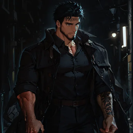 <lora:Sol__Alchemist_Code-000005:.75>, tagatamesol, sol_black hair, sol_black eyes, 1boy, short hair, solo, male focus, manly, bara, mature male, muscle body, tattoo on forehead, coat, collared shirt, pants, shoes,
{upper body|cowboy shot}, 
(very short hair), male focus, muscular male, large pectorals, muscular male, bara, mature, (hairy body, hairy, body hair, arm hair, leg hair, hairy body, glossy skin, bara, mature, facial hair, beard, full beard, sideburn, mustache, stubble), facial hair, bara, mature, body hair, aixiwuganda_(20222192), very awa, masterpiece, best quality, absurdres, newest, perfect quality, detailed background, intricate details,<lora:slider_Body Type_alpha1.0_rank4_noxattn_last:2><lora:Anime Summer Days 2 Style SDXL_LoRA_Pony Diffusion V6 XL:.6><lora:merged:.7>, DARK, DARK BACKGROUND, LOW-KEY LIGHTING <lora:slider_cfg_scale_boost:.7><lora:Artist6p:.55>, Artist6p, Artist04p,<lora:slider_il_brightness_slider_d1:-.5><lora:slider_il_contrast_slider_d1:-.25>,<lora:slider_contract_controller_illus01_v1:.3>, <lora:addon_illustriousXLv01_stabilizer_v1.121:.5>,<lora:slider_DarkSlider1.2_alpha1.0_rank16_full_300steps:-.2><lora:Heavenly_Beauty_r1:1>, (heavenlybeauty,)<lora:slider_style_strength_controller_illus01_v1:.25>