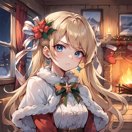 (score_9, score_8_up, score_7_up), source anime, <lora:backgroundsetXL:0.2> , background, indoor, interior, winter, log cabin, fireplace, sparkles, BREAK
<lora:Priscilla:0.6> , prdef, 1girl, blonde hair, blue eyes, long hair, hair ornament, hair ribbon, white hair ribbon, neck ribbon, yellow neck ribbon, hair flower, earrings, capelet, fur-trimmed capelet, pout, frown, ((close-up, face)), christmas (theme), white shirt, dress, perfect hands, arms at sides, looking at viewer, <lora:3th3r34lXLP:0.5> , 3th3r34l,