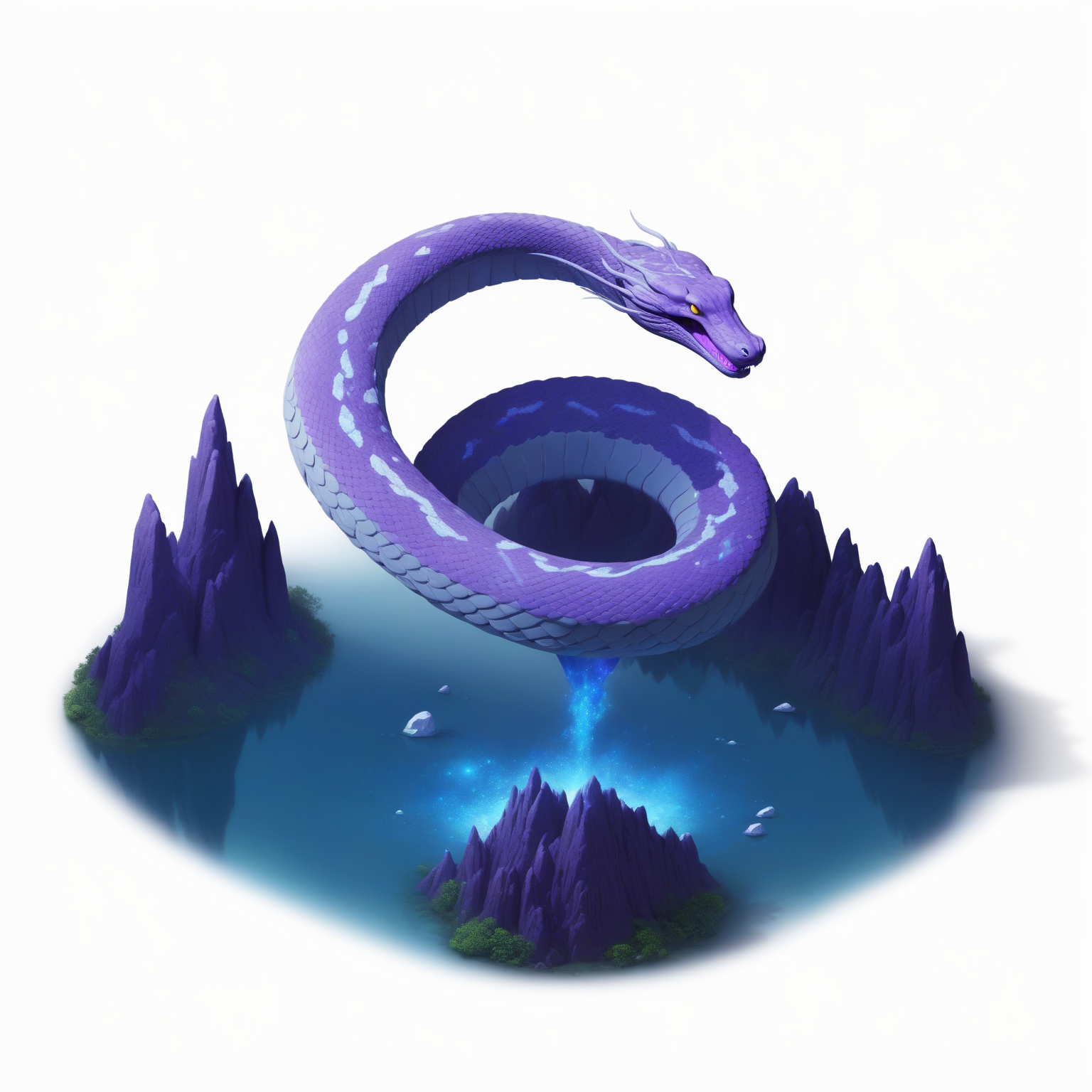 (((masterpiece))),(((best quality))),((ultra-detailed)),solo,isometric,
WAM_bd,solo,
A massive blue-scaled serpent, with a lake composed of stardust below, surrounded by purple mist,,
(white background, simple background:1.5),fantasy art,
 <lora:WAMå»ºç­æ¨¡å:0.8>