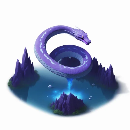 (((masterpiece))),(((best quality))),((ultra-detailed)),solo,isometric,
WAM_bd,solo,
A massive blue-scaled serpent, with a lake composed of stardust below, surrounded by purple mist,,
(white background, simple background:1.5),fantasy art,
 <lora:WAMå»ºç­æ¨¡å:0.8>