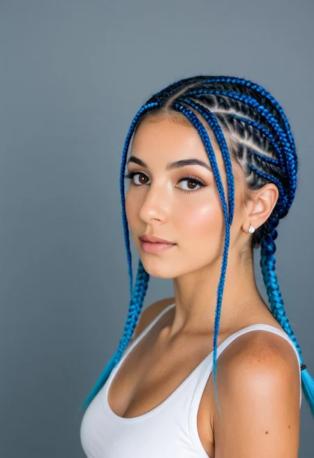 (extreme photorealism:1.2), SelenaXenon, a young woman (approximately 25 years old), full figure, athletic body shape, // Added "full figure, athletic body shape"
with ((electric blue intricate braids hair):1.1), ((warm hazel almond-shaped eyes):1.1), // Slightly reduced weight here to give body more chance
freckles across the nose bridge,
(a small, silver stud piercing on her right nostril:1.2),
sharp focus, (highly detailed:1.0), (realistic skin texture:1.1)                                                                     (((full body shot))):1.0, (standing confidently with arms loosely at her sides:1.2), wearing a full sleek corporate operative suit in dark navy with silver accents and high-heeled boots, in the grand entrance hall of a futuristic corporate skyscraper with metallic and glass surfaces, dramatic uplighting from floor panels, (cinematic lighting:1.1)