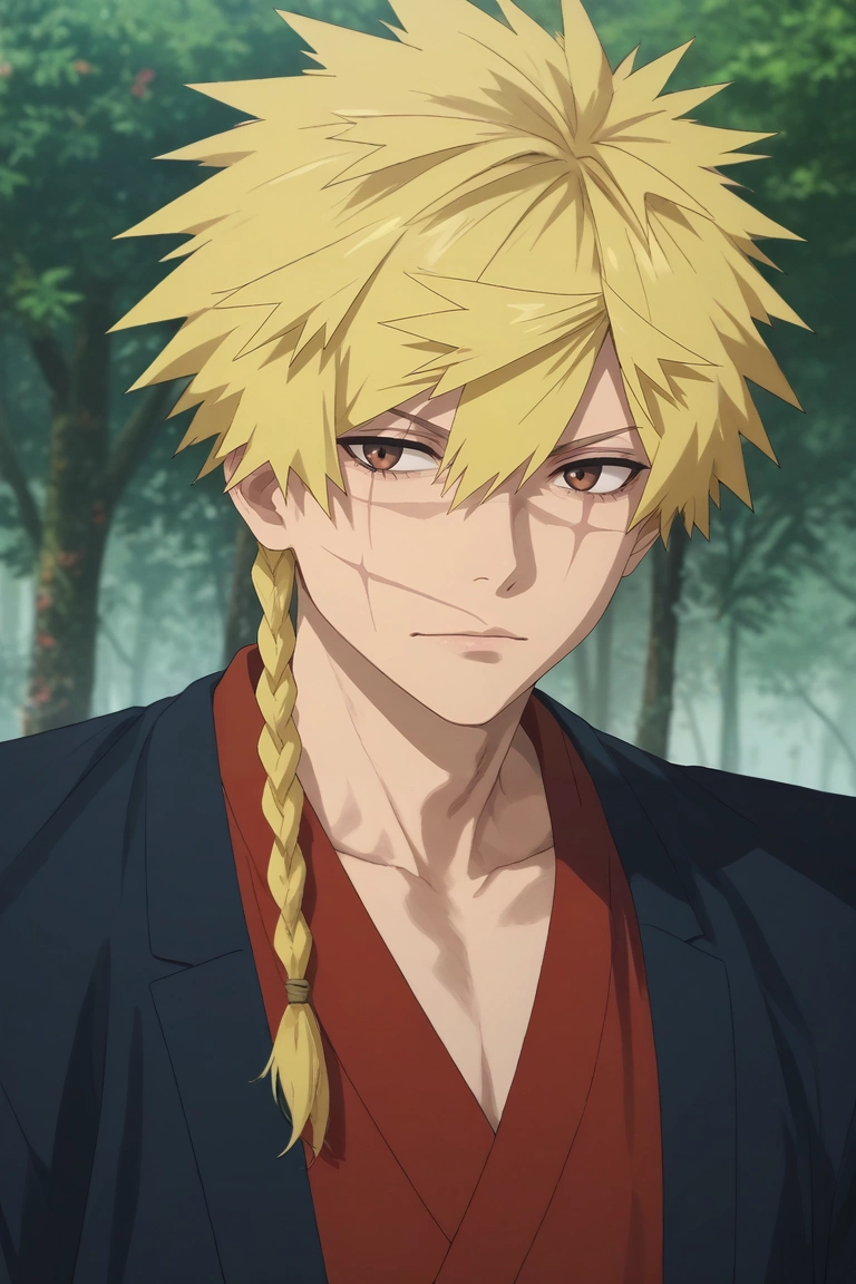 score_9, score_8_up, score_7_up, source_anime, rating_safe, , (realistic:0.6), , , 1boy, solo, male focus, <lora:choubei_aza_pony:0.86>, choubei_aza, blonde hair, brown eyes, long hair, braid, spiked hair, scar on face, , , deer costume, <lora:sdxl_lightning_8step_lora:1>