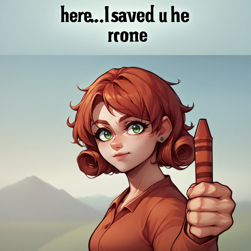 source_anime, score_9, score_8_up,  <lora:NSRedOneMeme:1> NSRedOneMeme, upper body, holding, english text, from side, looking at the viewer, 1girl,  <lora:NSPennyStardew:1> NSPennyStardew, NSPennyStardew, green eyes, short hair, red hair, curly hair, earrings,