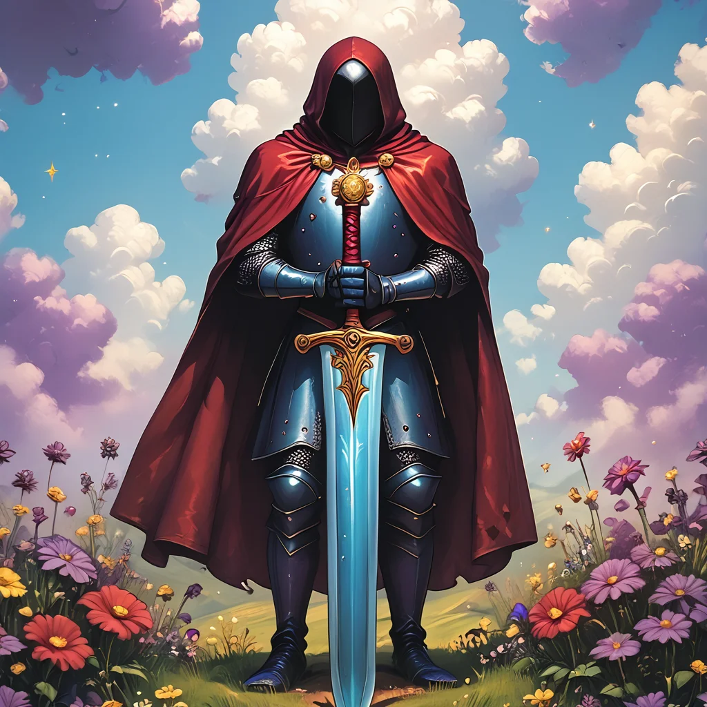 score_9, score_8_up, score_7_up, score_6_up, score_5_up, score_4_up, <lora:WonderlandPony_r1:1> ArsMJStyle, Wonderland, The image shows a man in a red cloak holding a sword standing in a field of flowers with a sky full of clouds in the background., weapon, sword, flower, solo, armor, purple flower, planted sword, cape, sky, planted, holding, cloud, outdoors, red cape, holding weapon