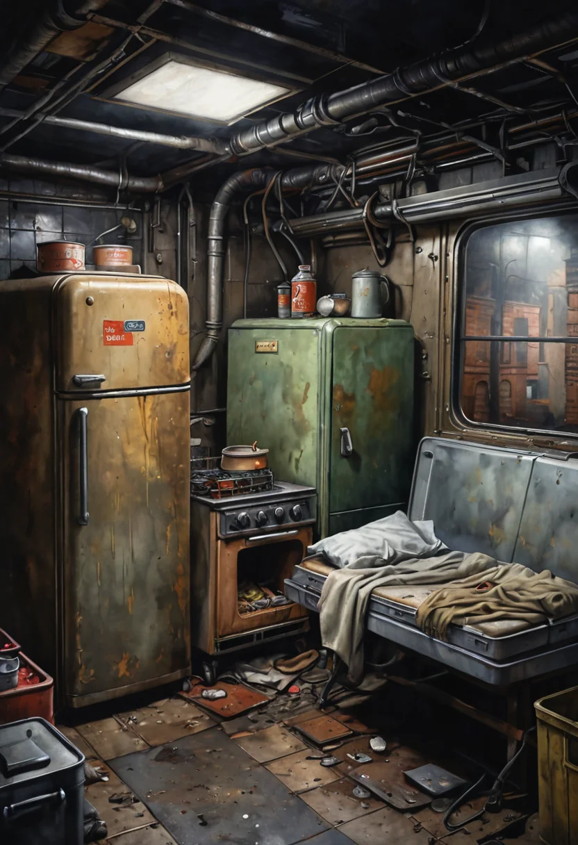 black background, apocalyptic subway, old bed, old fridge, old stove, old tv, dark, sewer, melancholic, watercolor, bold pencil outline, professional art, high detail, intricate detail, high resolution, steam