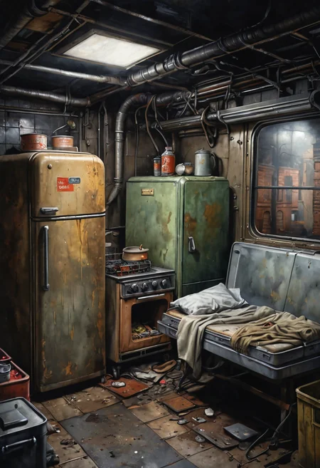 black background, apocalyptic subway, old bed, old fridge, old stove, old tv, dark, sewer, melancholic, watercolor, bold pencil outline, professional art, high detail, intricate detail, high resolution, steam