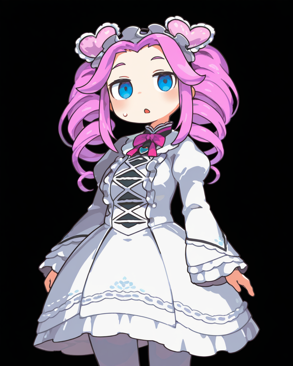 1girl, solo, shikoku metan, heart hairband, frilled hairband, pink hair, drill hair, twin drills, forehead, blue eyes, pink bowtie, white dress, white pantyhose, sakamoto ahiru, empty eyes, looking at viewer, cowboy shot, simple background, black background, masterpiece, best quality, very aesthetic, absurdres