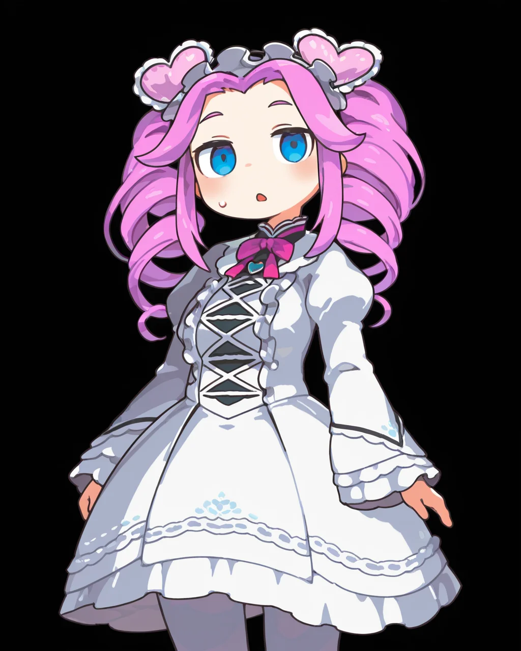 1girl, solo, shikoku metan, heart hairband, frilled hairband, pink hair, drill hair, twin drills, forehead, blue eyes, pink bowtie, white dress, white pantyhose, sakamoto ahiru, empty eyes, looking at viewer, cowboy shot, simple background, black background, masterpiece, best quality, very aesthetic, absurdres