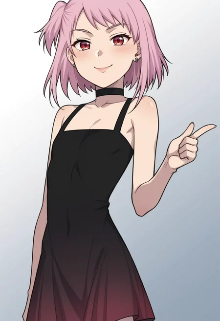score_9, score_8_up, score_7_up, source_anime,anime screencap, anime coloring,intricate details,rating_explicit, masterpiece, best quality,
(best quality, absurd res, ultra detailed),1girl, ((solo)), good eyes,perfect eyes,,detailed eyes, zPDXLxxx , zPDXL3,detailed, detailed face, <lora:add-detail-xl:3>,(4 finger)
BREAK
<lora:Mistrim:0.8>, Mistrim, red eyes, pink hair, short hair, choker, earrings, one side up,
, black dress, gradient dress,flat chest,
BREAK
solo, standing,
smug,
