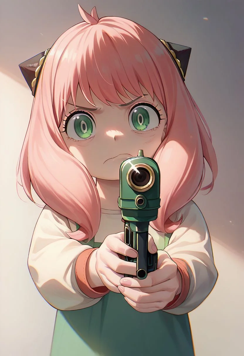 score_9, score_8_up, score_7_up, 1girl, solo, (Anya,bangs, green eyes, pink hair, female child, anya (spy x family),hairpods, child, dress), disgusted face, holding gun, aiming, aiming at viewer, finger on trigger,