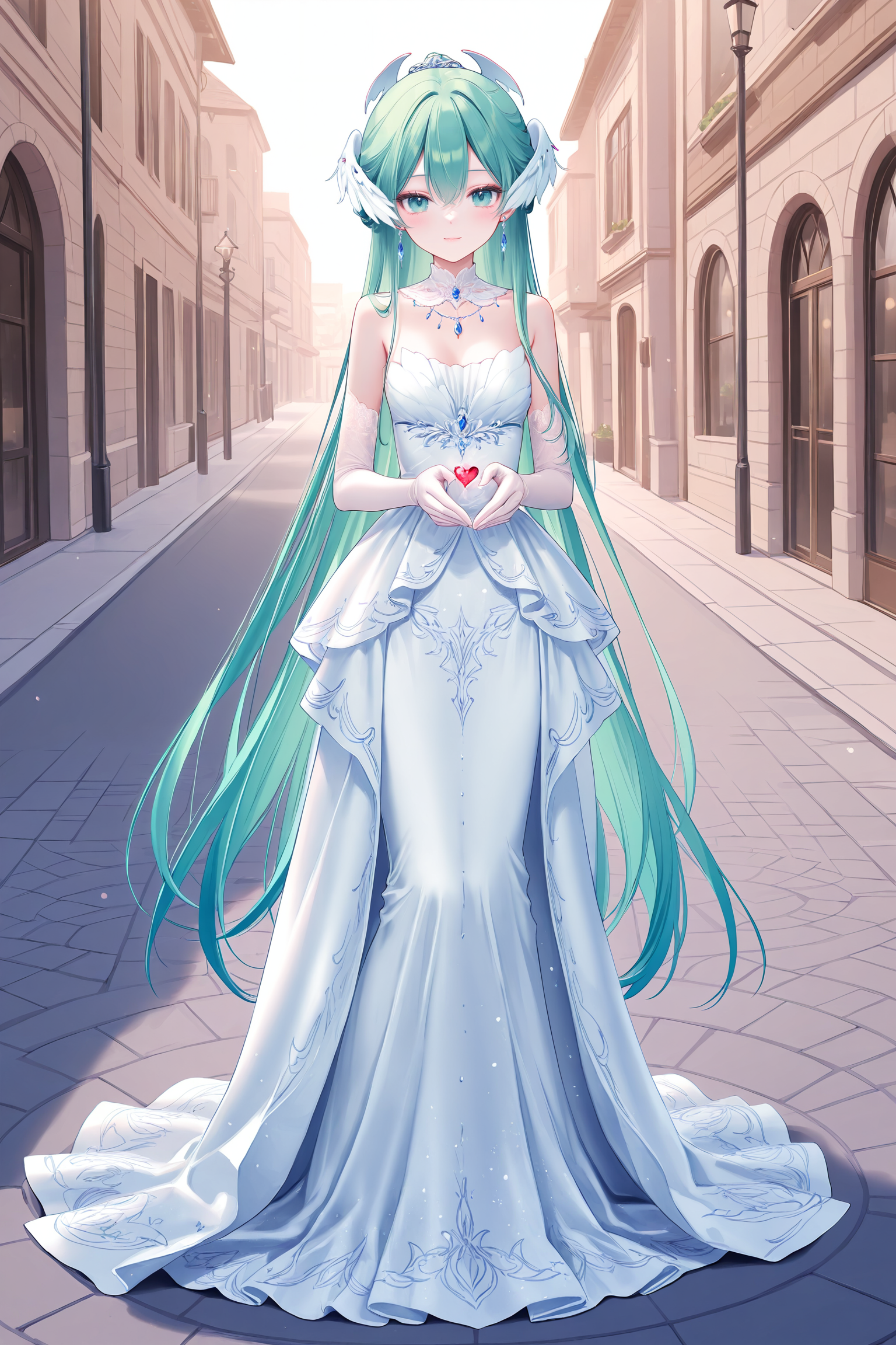 masterpiece,best quality,newest,absurdres,highres,soft shadows,year2024,(chen bin:0.7),(hiten \(hitenkei\):0.4),(rimuu:0.5),(mignon:0.5),(sheya:0.6),
1girl,hatsune miku,light smile,
<lora:nightowlXLNAI:1>,nightowl,white dress,long dress,jewelry,hair ornament,elbow gloves,head wings,necklace,earrings,detached collar,
outdoors,street,road,full body,
