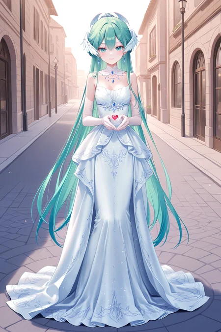 masterpiece,best quality,newest,absurdres,highres,soft shadows,year2024,(chen bin:0.7),(hiten \(hitenkei\):0.4),(rimuu:0.5),(mignon:0.5),(sheya:0.6),
1girl,hatsune miku,light smile,
<lora:nightowlXLNAI:1>,nightowl,white dress,long dress,jewelry,hair ornament,elbow gloves,head wings,necklace,earrings,detached collar,
outdoors,street,road,full body,