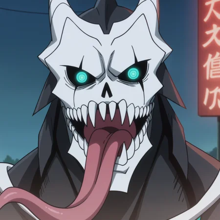 score_9,score_8_up, score_7_up, source_anime, BREAK
outdoors, 
<lora:KafkaTestXL2:0.7>,kafkakaiju, 1boy, solo,glowing, glowing eyes, horns, sharp teeth, armor, aqua eyes,  looking at viewer, neon trim, black sclera,portrait, tongue out, long tongue, 
anime screencap, anime coloring, official art,