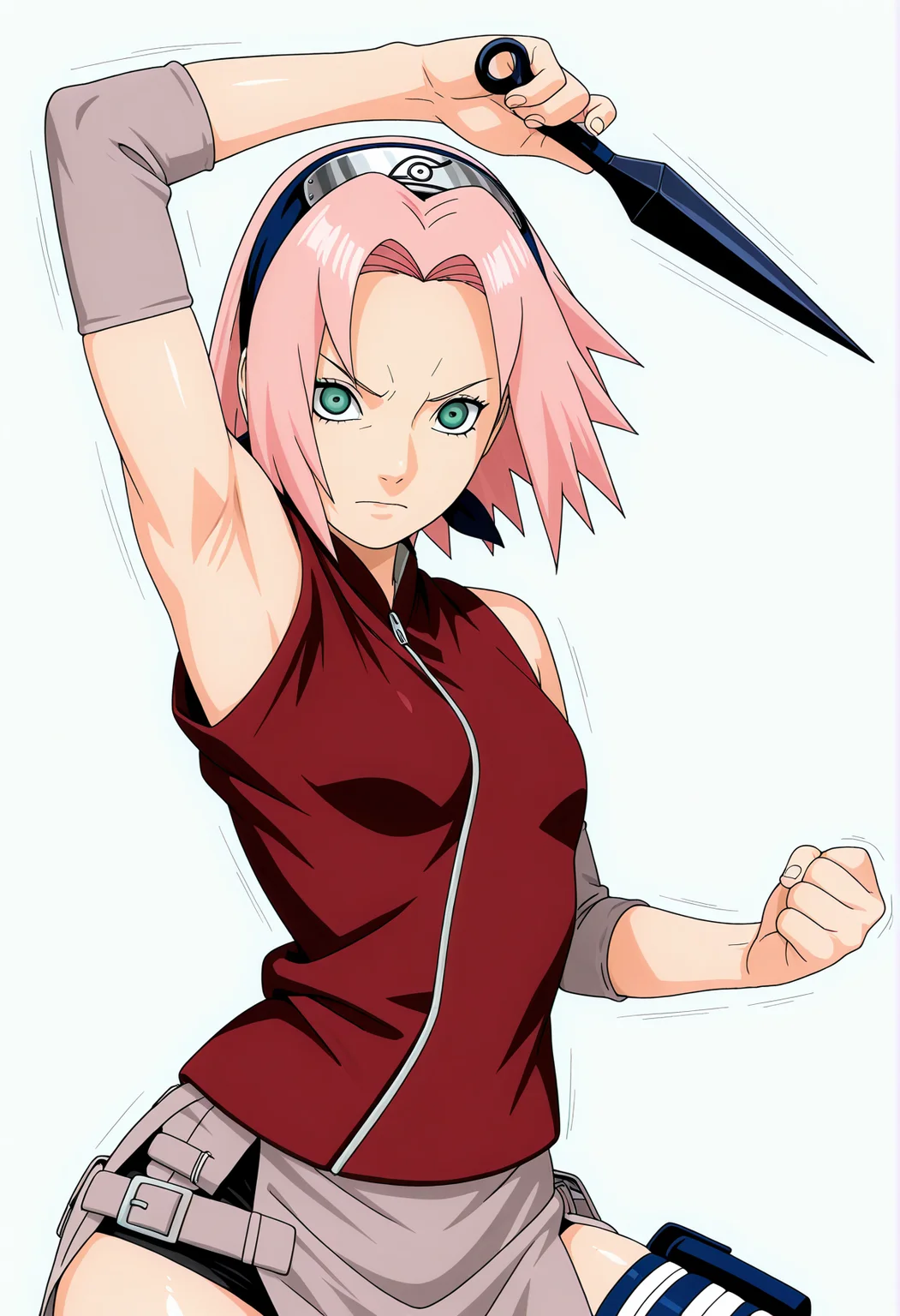 amazing quality,very aesthetic,absurdres,best quality,newest,masterpiece,4k resolution, absurdres, highres, simple background, white background,
1girl , haruno sakura,small breasts, looking at viewer, konohagakure symbol, red vest, expressionless, holding kunai, expressionless, v-shaped eyebrows,fighting stance, <lora:Haruno_Sakura_il2:1> motion lines, armpit