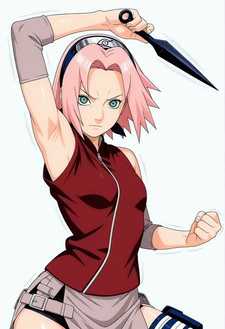 amazing quality,very aesthetic,absurdres,best quality,newest,masterpiece,4k resolution, absurdres, highres, simple background, white background,
1girl , haruno sakura,small breasts, looking at viewer, konohagakure symbol, red vest, expressionless, holding kunai, expressionless, v-shaped eyebrows,fighting stance, <lora:Haruno_Sakura_il2:1> motion lines, armpit
