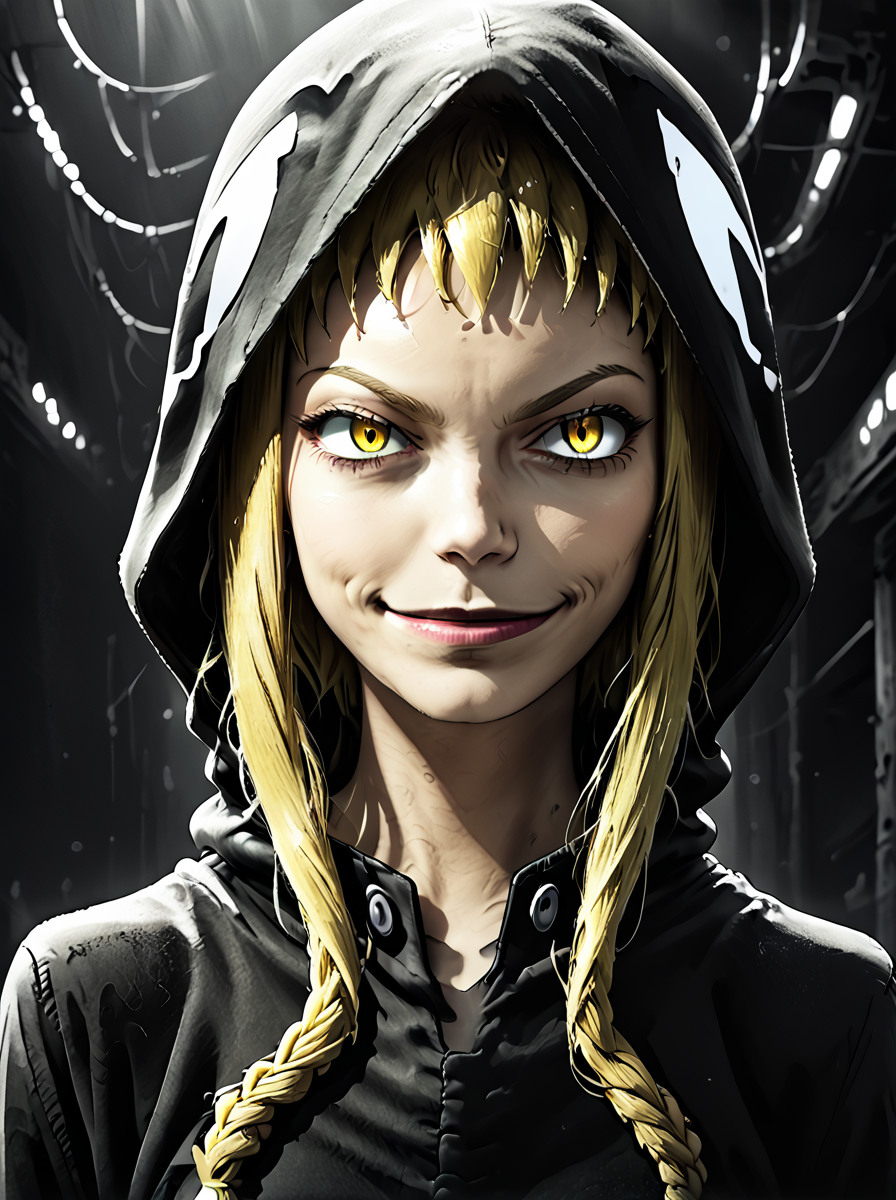score_9, score_8_up, score_7_up, BREAK source_anime, <lora:soul_eater_pony:0.8>,detailed shadows,realistic lights,low contrast,overall detail,eye detail, souleaterstyle,score_9,medusa,1girl,solo,smile,blonde hair,yellow eyes,hood,hoodie,smirk,anime coloring
sincitystyle, ,
 <lora:SinCityStylePony:0.8>