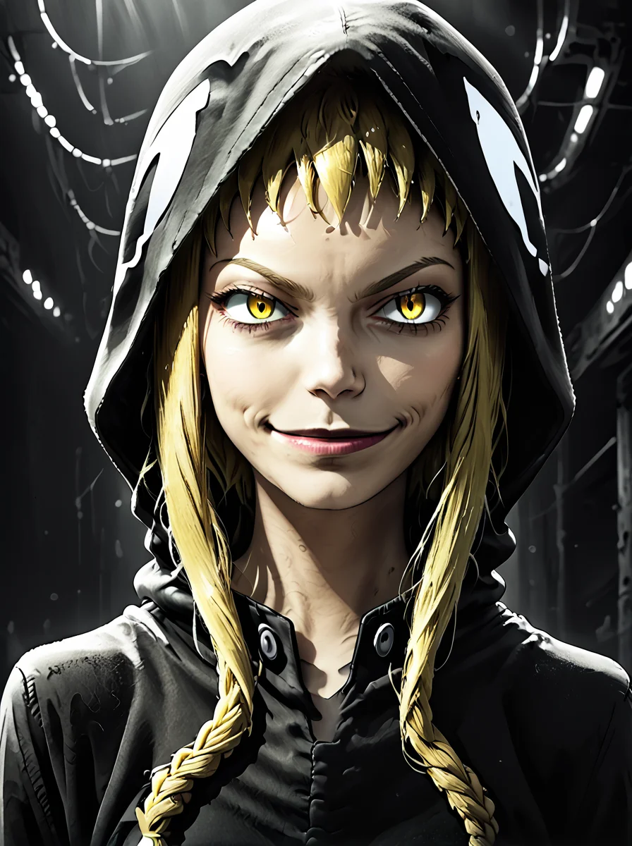 score_9, score_8_up, score_7_up, BREAK source_anime, <lora:soul_eater_pony:0.8>,detailed shadows,realistic lights,low contrast,overall detail,eye detail, souleaterstyle,score_9,medusa,1girl,solo,smile,blonde hair,yellow eyes,hood,hoodie,smirk,anime coloring
sincitystyle, ,
<lora:SinCityStylePony:0.8>