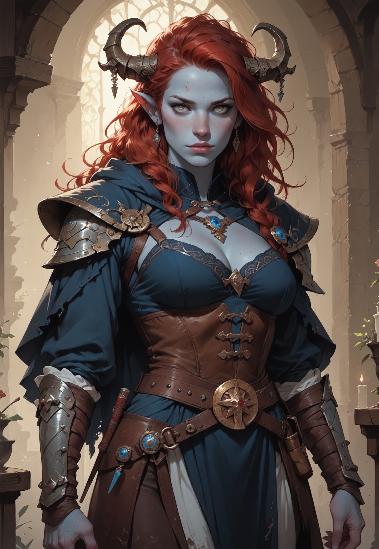 (score_9, score_8_up, score_7_up, score_6_up), (highres image, ultrares, absurdres, ultra detailed), ((zPDXL3)), Portrait, (masterpiece:1.8), face focus, detailed faces, BREAK,
1girl, dynamic character design, female focus, perfect face, perfect eyes, attractive, beautiful, barbarian, (Firbolg, furry, big nose, animal ears, blue skin) curved ram horns, (long red hair), perfect body, hourglass figure, large breasts, wide hips, tiny waist
BREAK
(Barbarian Furs), (Leather), (Boots), (Cloak)
BREAK
Detailed Background, Fantasy Tavern, Dramatic Lights, Concept Art, Expressiveh, (Firbolg, furry, big nose, animal ears), concept art, realistic, 4kFacePonyXL