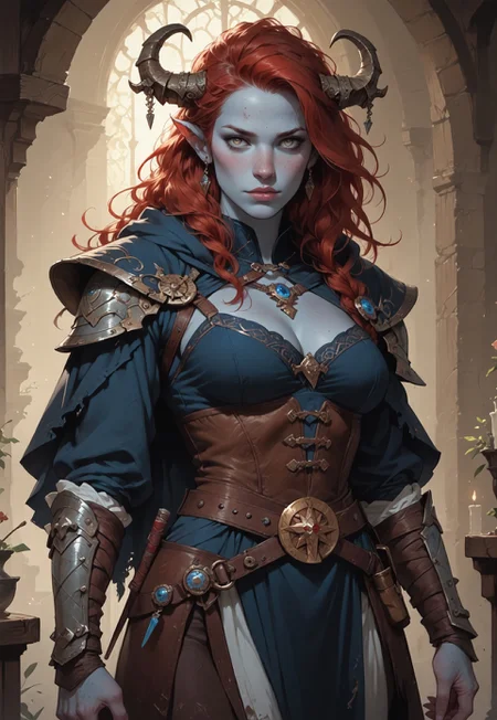 (score_9, score_8_up, score_7_up, score_6_up), (highres image, ultrares, absurdres, ultra detailed), ((zPDXL3)), Portrait, (masterpiece:1.8), face focus, detailed faces, BREAK,
1girl, dynamic character design, female focus, perfect face, perfect eyes, attractive, beautiful, barbarian, (Firbolg, furry, big nose, animal ears, blue skin) curved ram horns, (long red hair), perfect body, hourglass figure, large breasts, wide hips, tiny waist
BREAK
(Barbarian Furs), (Leather), (Boots), (Cloak)
BREAK
Detailed Background, Fantasy Tavern, Dramatic Lights, Concept Art, Expressiveh, (Firbolg, furry, big nose, animal ears), concept art, realistic, 4kFacePonyXL