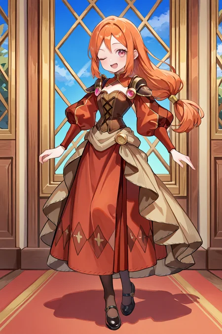 <lora:MonicaIL:0.95> , MoniDef, 1girl, pink eyes, long hair, orange hair, low-tied long hair, juliet sleeves, shoulder pads, patchwork clothes, layered dress, corset, brown corset, long skirt, red skirt, waist cape, beige waist cape, long sleeves, pantyhose, mary janes, black shoes, red sleeves, yellow juliet sleeves, looking back, looking at viewer, full body, winking, masterpiece, very aesthetic, absurdres, best quality, amazing quality, high resolution, detailed background, <lora:illustrious_quality_modifiers_masterpieces_v1:0.8> , <lora:ChamIllustriousBackgroundEnhancer:0.5>,