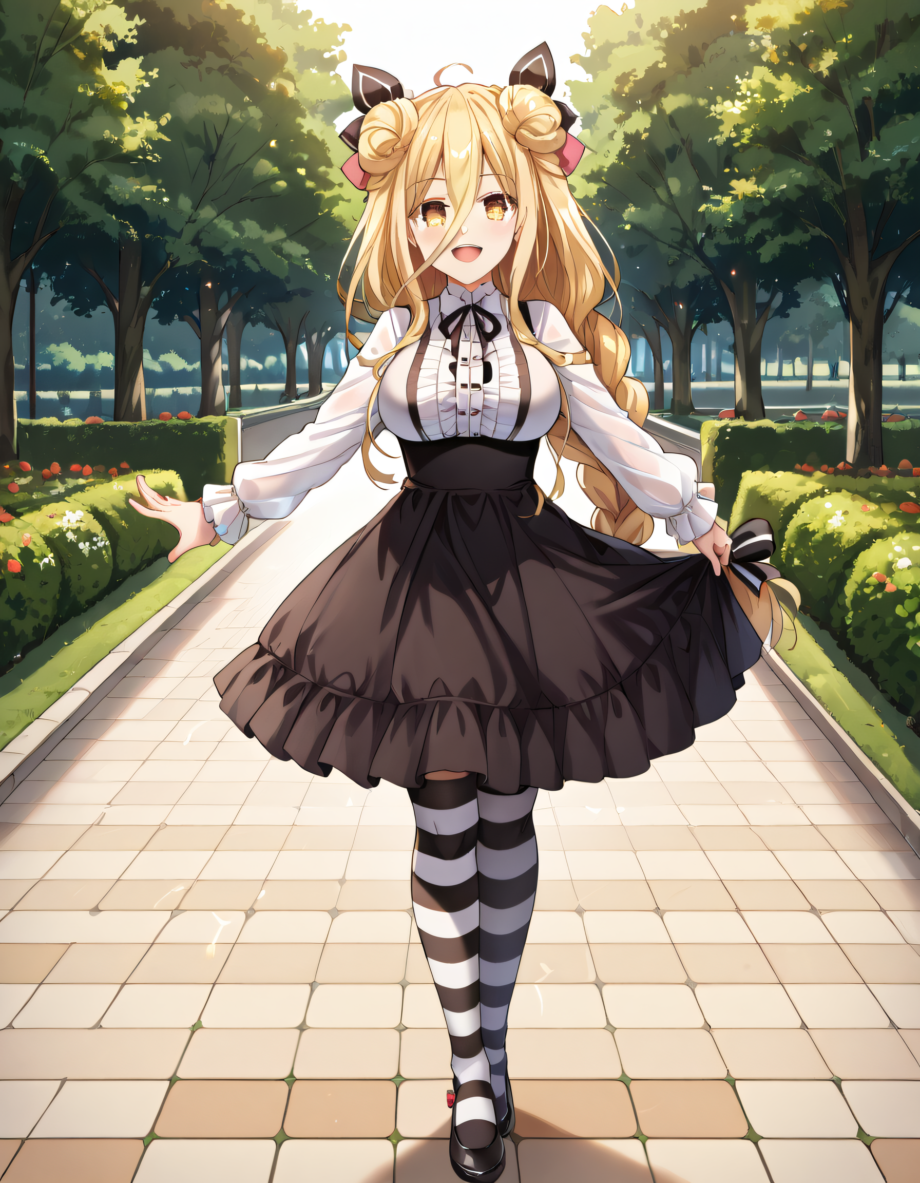 Volumetric Lighting, (masterpiece), (best quality), (ultra-detailed), masterpiece, source_anime, score_9, score_8_up, score_7_up BREAK, illustration, disheveled hair, detailed eyes, perfect composition, moist skin, intricate details BREAK, light depth, dramatic atmospheric lighting, Volumetric Lighting, Mukuro,solo, hairstyle2, blonde hair, double bun, single braid, very long braid,hair between eyes, yellow eyes BREAK, AlternativeDress, white dress, alter thighhighs,striped thighhighs,alter neck ribbon, alter hair bow, alter skirt,black skirt, suspended skirt, suspender BREAK, smile,looking at viewer,full body,outdoorr,park,reaching,open mouth