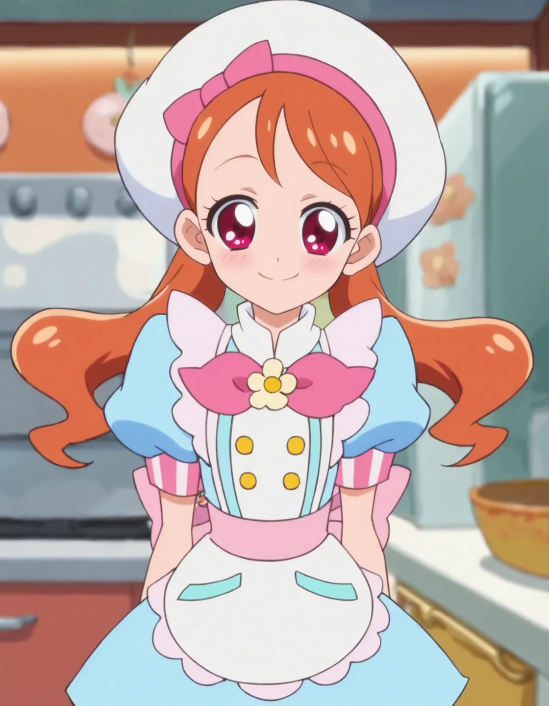 score_9, score_8_up, score_7_up, anime screencap, solo,1girl,usamiichika,  smile, hat, pink bow, apron, white headwear, blue dress, puffy sleeves, beret, looking at viewer,cowboy shot,small breasts,blush<lora:usamiichika:0.8>