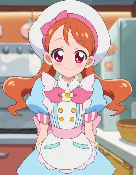 score_9, score_8_up, score_7_up, anime screencap, solo,1girl,usamiichika, smile, hat, pink bow, apron, white headwear, blue dress, puffy sleeves, beret, looking at viewer,cowboy shot,small breasts,blush<lora:usamiichika:0.8>