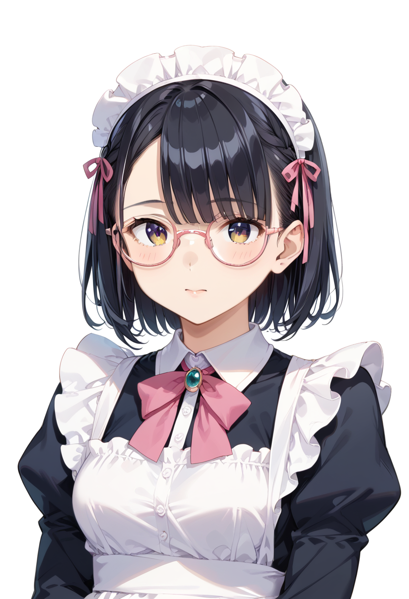 score_9, score_8_up, score_7_up, rating_safe, masterpiece, best quality, absurdres, unity 8k wallpaper, official art, official style, source_anime, uncensored, game cg, megami magazine,
1girl, solo, black hair, medium hair, upper body, covered eyes,maid, maid headdress, black dress, maid apron, face focus,
round_glasses22A, glasses, still life, white background, simple background, pink-framed eyewear,
 <lora:glasses_Round_PONY_V1:1>