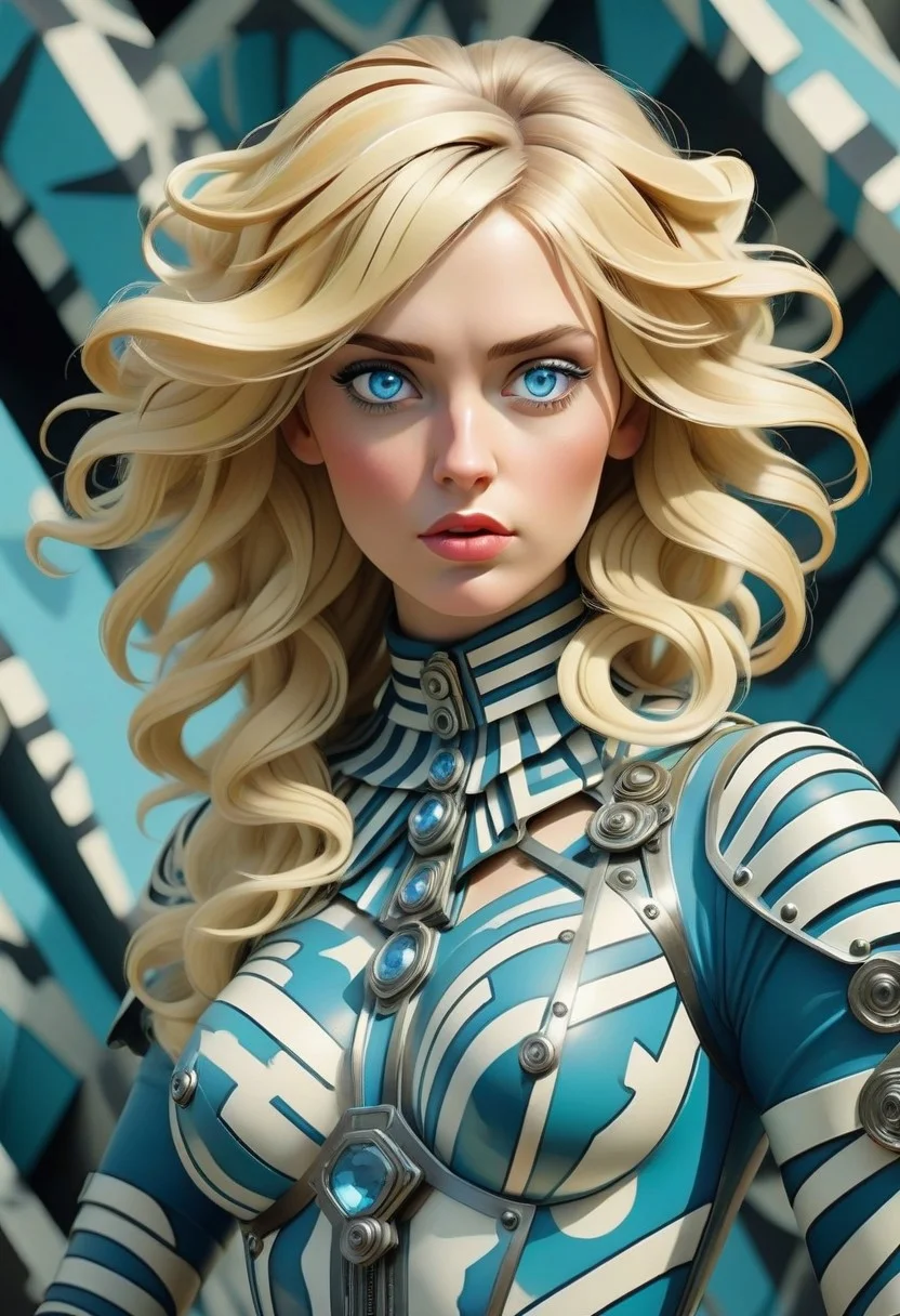 meta;;ic chrome beautiful female android with ((psychedelic)) angular ww1 dazzle camouflage. ((various poses. large breast. blonde hair, blue eyes.