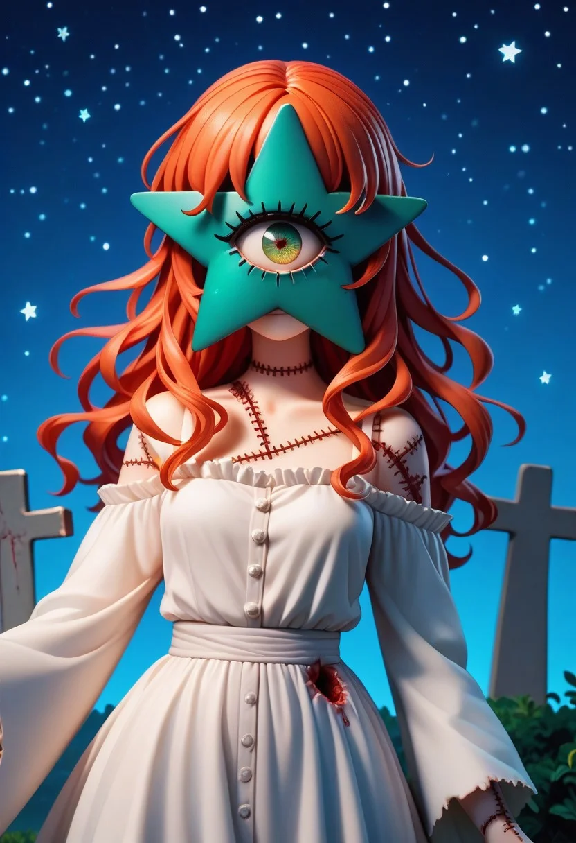 score_9, score_8_up, score_7_up, masterpiece, best quality, medium shot, beautiful mostrochan, redhead, long hair, blood-injected eye, medium shot, body stitches, star-shaped face, cemetery, spooky night background