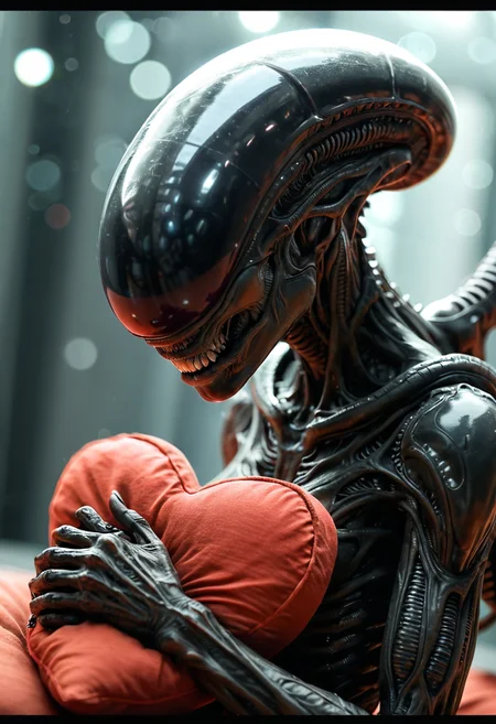 xenomorph, holding big red pillow in heart shape, dutch angle, 
dramatic light, shadows, depth of field, chromatic aberration, bokeh