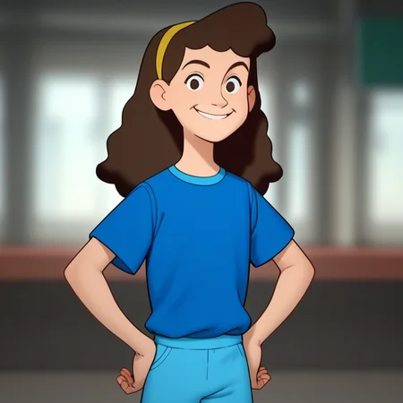 solo, 1girl, betcg1, young, brown hair, smile, shirt, pants, blue shirt, standing, hairband, black eyes, short sleeves, hands on hips, looking at viewer, long hair, blurry background, <lora:betcg1-000009:1>, score_9, score_8_up, score_7_up, face detail,
