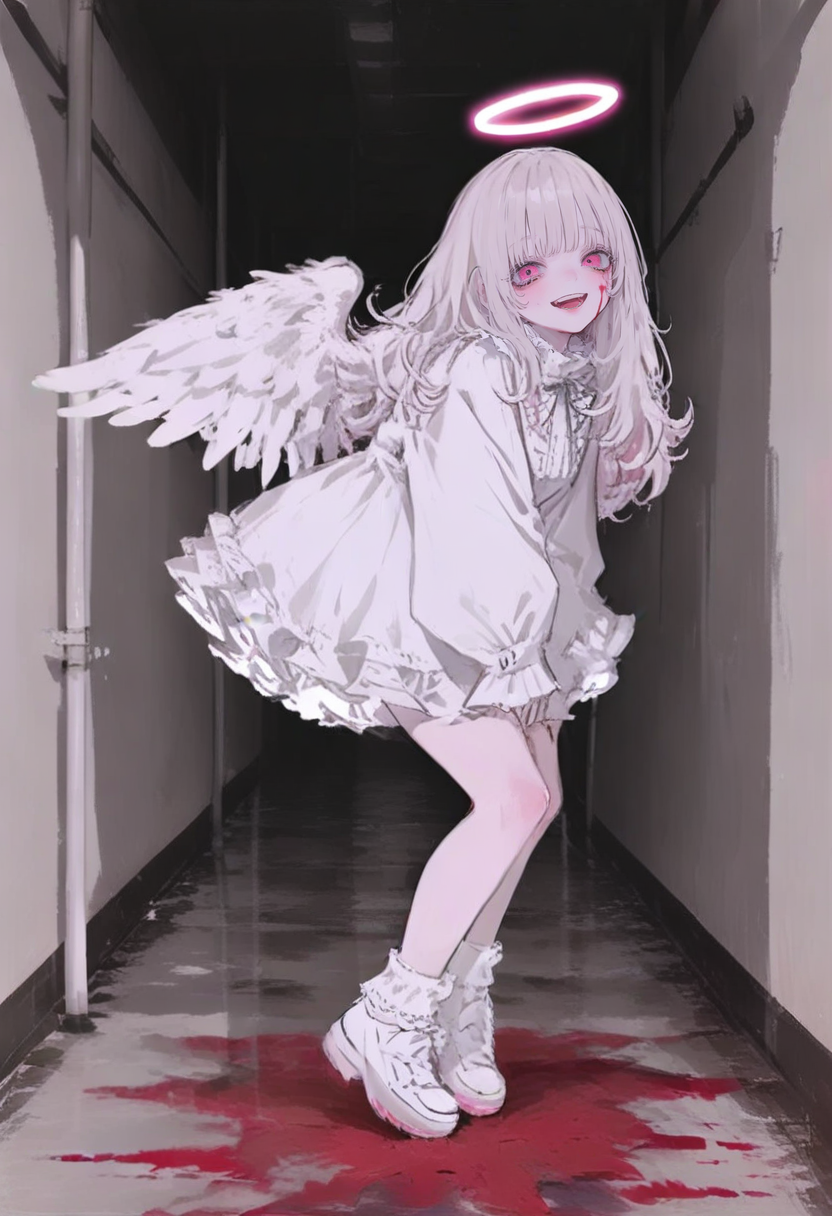 1girl, halo, solo, wings, angel wings, open mouth, blood, pink eyes, angel, smile, dress, looking at viewer, white footwear, long hair, white dress, shoes, bangs, long sleeves, feathered wings, white hair, :d, sleeves past wrists, full body, teeth, frills <lora:748cmXL_il_lokr_V6311P:0.95>