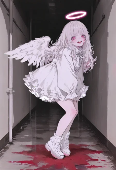 1girl, halo, solo, wings, angel wings, open mouth, blood, pink eyes, angel, smile, dress, looking at viewer, white footwear, long hair, white dress, shoes, bangs, long sleeves, feathered wings, white hair, :d, sleeves past wrists, full body, teeth, frills <lora:748cmXL_il_lokr_V6311P:0.95>