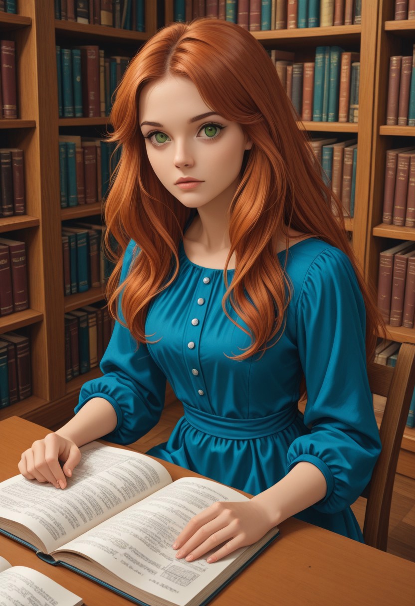 anime style picture, 1girl, blue dress, solo, auburn hair, long hair, looking at viewer, green eyes, studying in library