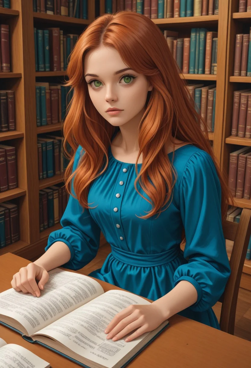 anime style picture, 1girl, blue dress, solo, auburn hair, long hair, looking at viewer, green eyes, studying in library
