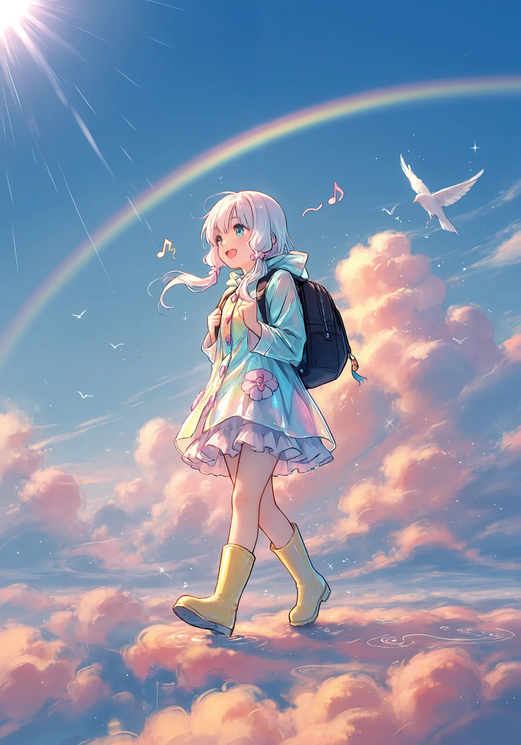 (masterpiece, best quality, high quality, good quality), 1girl, solo, petite, twintails, raincoat, backpack, frilled skirt, rubber boots, blue sky, walking, on cloud, happy, humming, musical note, rainbow, sparkle, sunlight, bird, full body, pastel colors, colorful <lora:UmeSky_Illustrious:0.7>